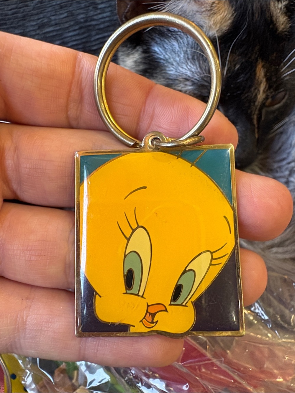 Vintage Tweety Square Metal Keychain - Yellow Character Pet Accessory